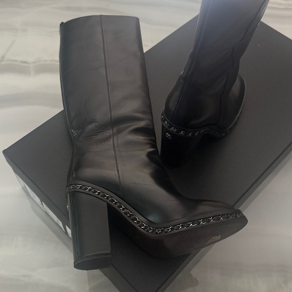 CHANEL Shoes - CHANEL Black Leather Knee Boots with Chain Trim